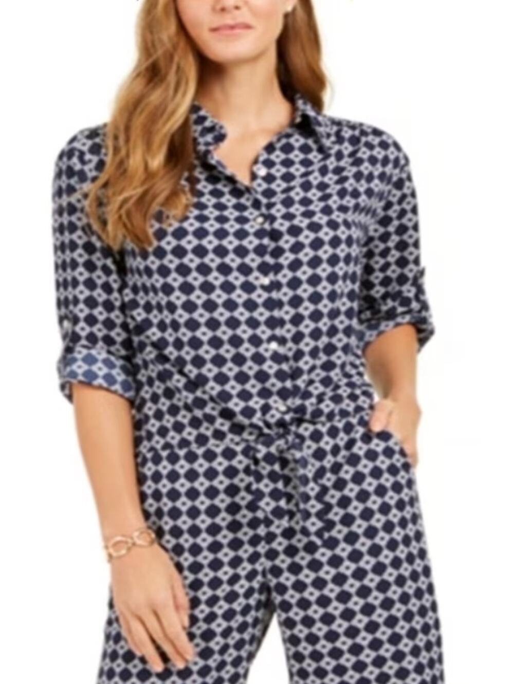 Charter Club Navy White Print Tie Front Top XL NWT Coastal Nautical Button Up